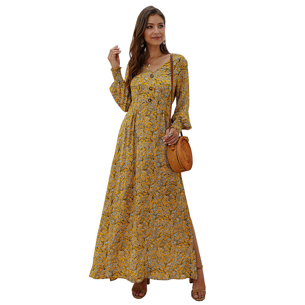 Ladies V-neck Long Sleeve Printed Dress