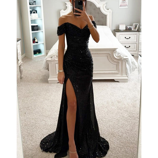 Party Sequins Off-neck Split Dress INS Casual Fashion Dress Women Glamour Gale