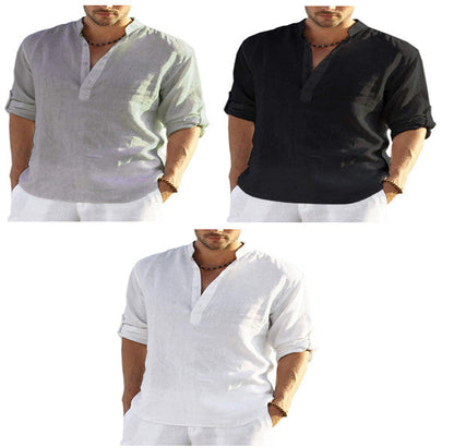 Men's Casual Cotton Linen Solid Color Long Sleeve Shirt Loose Stand Collar Glamour Gale