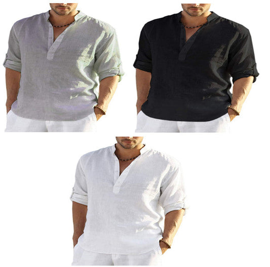 Men's Casual Cotton Linen Solid Color Long Sleeve Shirt Loose Stand Collar Glamour Gale
