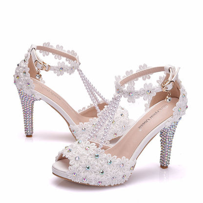 Peep Toe Beaded Rhinestone Platform High Heel Sandals Glamour Gale